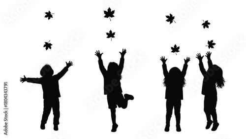Children playing with falling autumn leaves silhouettes isolated on white background, Vector