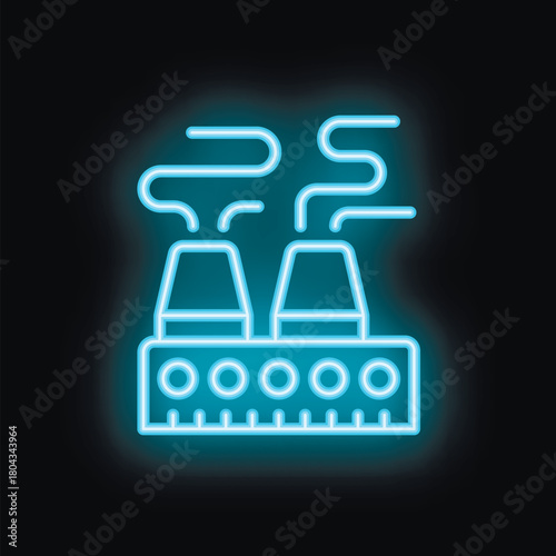 Glowing blue neon style icon of a factory emitting pollution