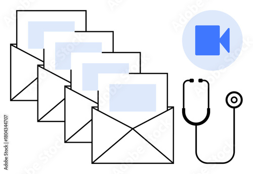 Emails lined with images, stethoscope, video icon highlight healthcare communication, telemedicine, digital records. Ideal for health tech, telehealth, online consultations, remote care patient