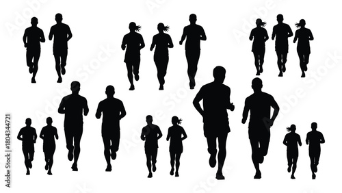 Diverse running silhouettes collection isolated on white background, Vector