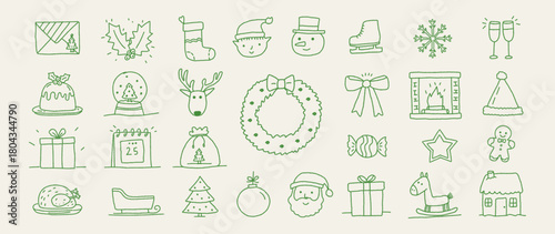Retro vintage chalk-crayon doodle Christmas and New Year icons with hand-drawn holiday motifs: Xmas wreath, stocking,gifts, sweets, festive symbols in a charming grunge sketch style for winter designs