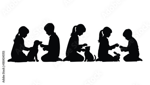Children interacting with pets silhouette isolated on white background, Vector