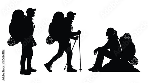 Hiking and trekking silhouettes isolated on white background, Vector