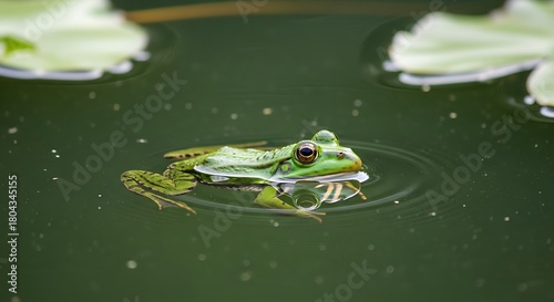 Green Frog Swimming in Pond with Lily Pads.