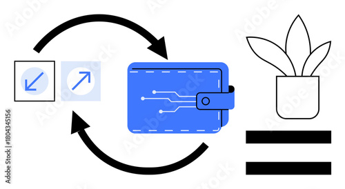 Digital wallet with circuit design, two directional arrows for exchange, and a potted plant. Ideal for finance, technology, sustainability, eco-friendly payment, cryptocurrency, fintech simple flat