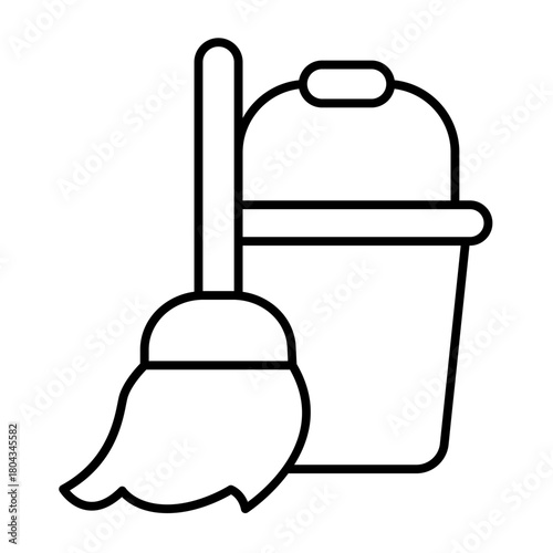 Bucket and broom thin line icon, spring season concept. Vector graphics. Floor cleaning work, housework sign on white background, style icon mobile or web design.