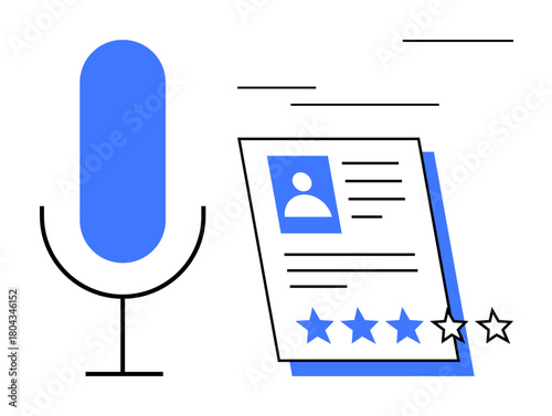 Microphone alongside profile document with photo, text, and stars conveying feedback or rating. Ideal for HR, performance review, talent assessment, feedback, journalism, podcasting personal