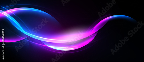 Abstract vibrant curves, flowing light. Purple, blue hues dominate dark background. Modern design, energy radiates.