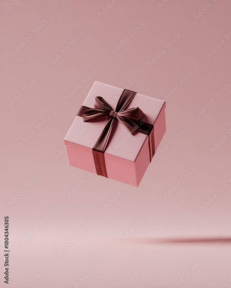 Obraz premium Pink gift box with brown ribbon bow floating against soft pink background conveying celebration and elegance in minimalist composition