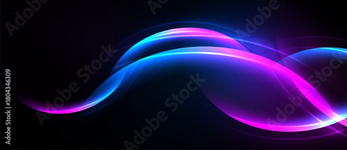 Abstract neon ribbons flow, creating dynamic curves against dark background. Vivid colors suggest energy, movement, modern design.