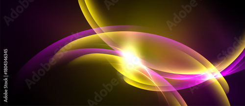 Abstract swirls, vibrant yellow, purple hues create dynamic light effect. Smooth gradients suggest energy, movement, depth.