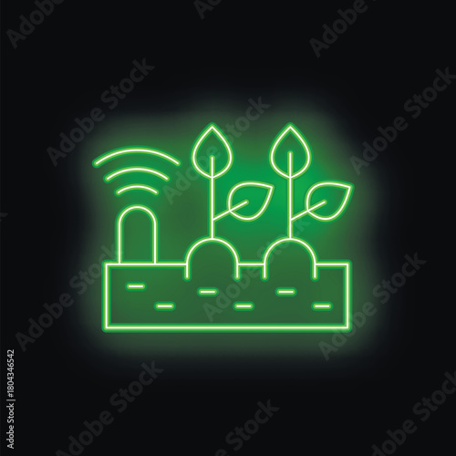 Green neon icon of a smart farm system monitoring agriculture and crops growing