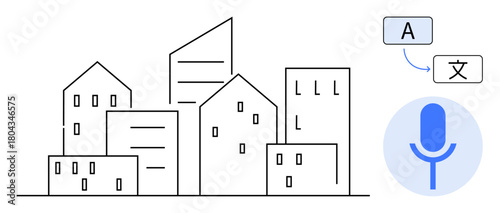 Outline of buildings paired with a speech microphone and language translation symbols. Ideal for communication, globalization, technology, language, urban innovation, digital tools, simple flat