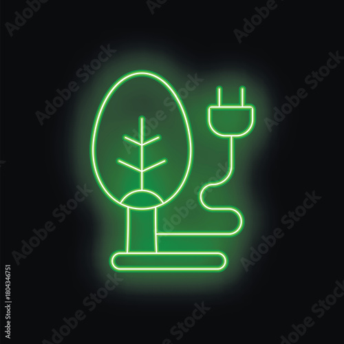 Green neon sign showing a tree connected to a plug, promoting sustainable practices and clean energy solutions