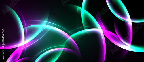Abstract design features vibrant curves, glowing lines. Purple, teal hues dominate dark background. Modern, dynamic composition.