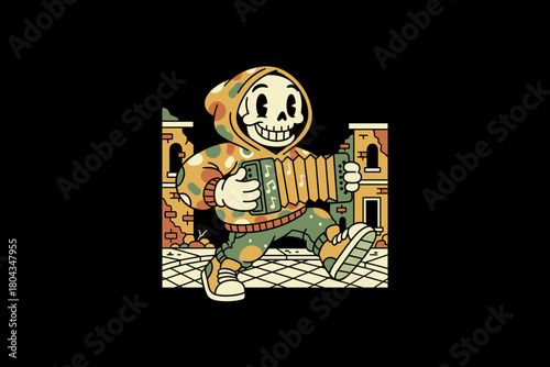 Cartoon skeleton playing accordion wearing hoodie and sneakers o