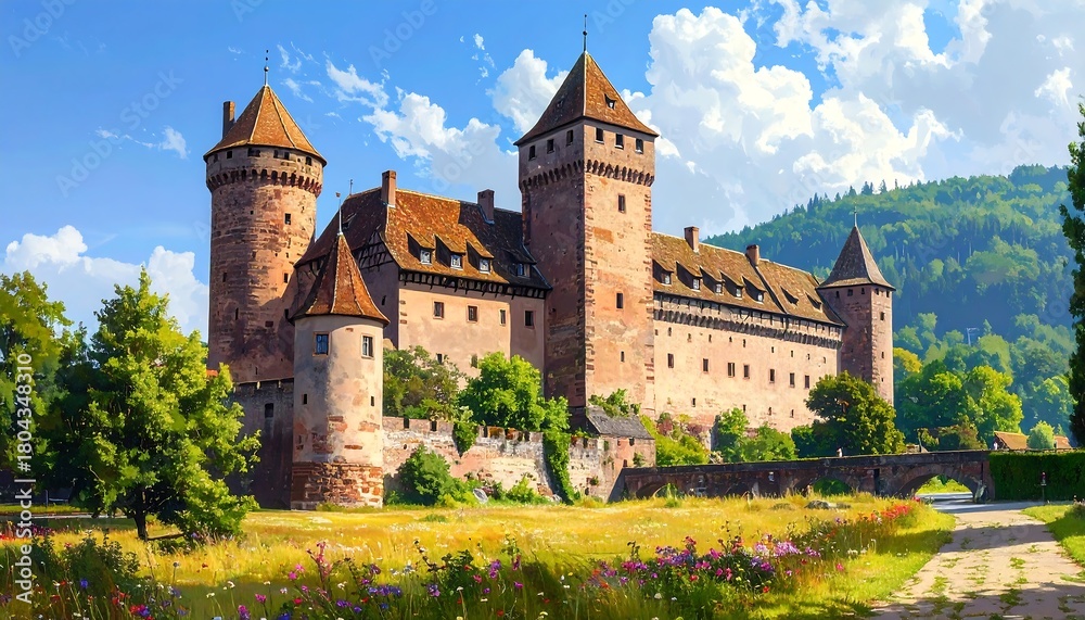 Fototapeta premium A majestic stone edifice, surrounded by lush green foliage and a vibrant meadow under a cerulean sky. A bridge extends to it