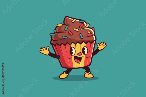 Cute Cartoon Chocolate Cupcake Character with Sprinkles and Happ
