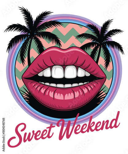 Bold lips, palm trees, retro vibes for sweet weekend t-shirt design