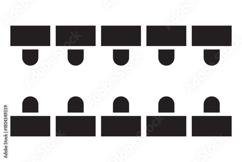 Seating arrangement in business workspace or school computer classroom. Office desks and chairs furniture silhouettes top view. Schematic plan of work place seatings. Vector graphic illustration