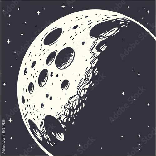 Detailed illustration of the moon with craters in a starry night sky lunar space