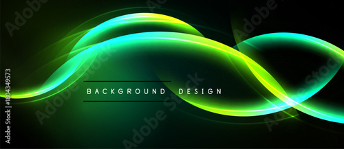 Abstract flowing lines, vibrant green yellow hues, dark background. Modern design element, dynamic energy, smooth curves.