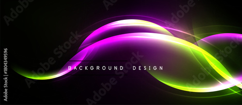 Abstract neon lines form flowing shapes over dark background. Vibrant purple, green hues create dynamic visual effect.