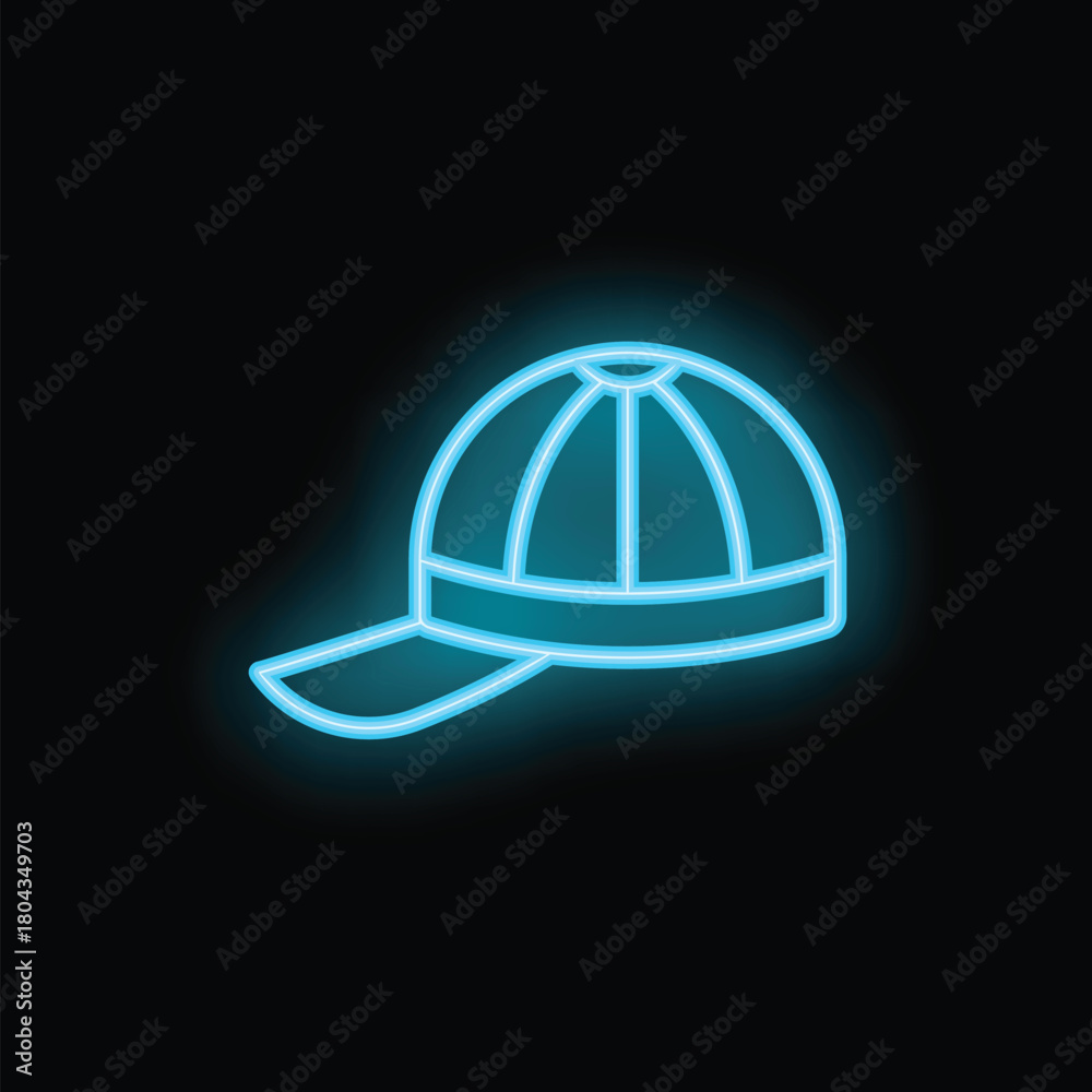 Fototapeta premium Blue neon sign illustrating a classic baseball cap, glowing on a dark background