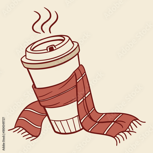 Hot Beverage in a Paper Cup Wrapped in a Cozy Scarf vector illustration