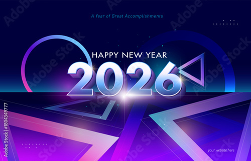 Futuristic geometric style new year 2026 concept design. Vector holiday template for greeting card, banner, party, web.