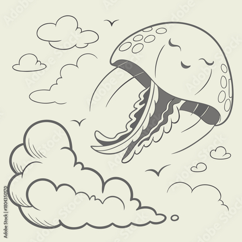 Smiling Jellyfish Floating Among Clouds and Birds sea creature ocean