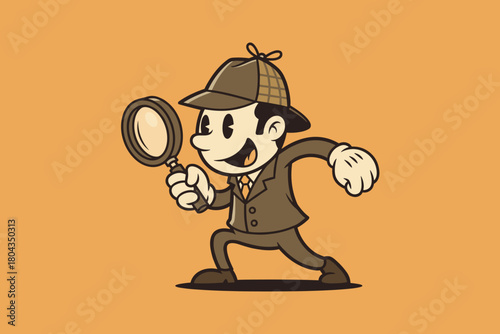 Retro Detective Character Holding Magnifying Glass Investigating