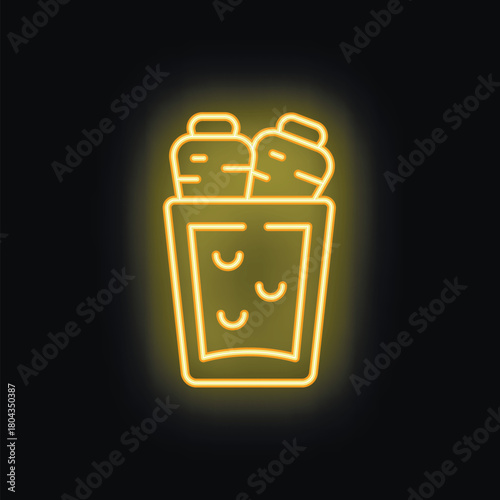 Bright yellow neon sign depicting a glass with straws, possibly for juice or a cocktail, set against a dark background