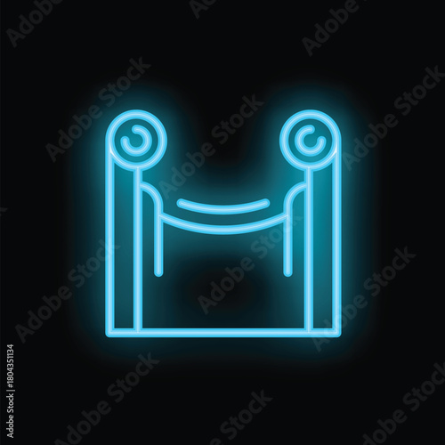 Neon blue icon of a museum barrier rope glowing on a black background