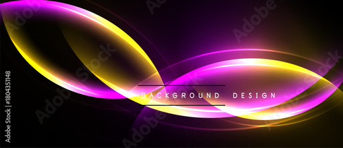 Abstract neon lines create flowing shapes against dark background. Vibrant purple, orange, yellow hues dominate composition. Modern design element.