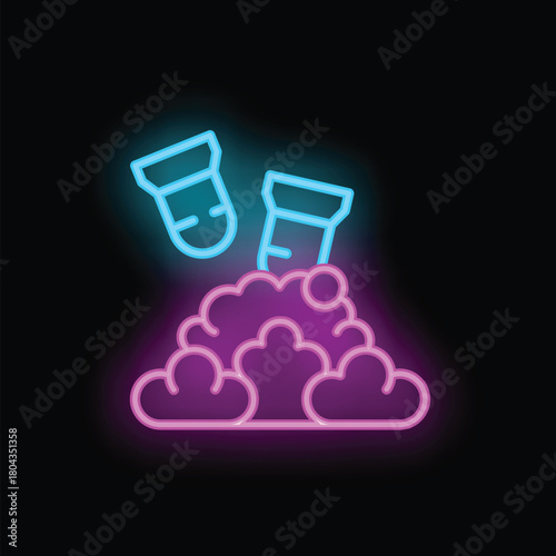 Neon icon of test tubes pouring on brain representing chemical experiments, scientific innovations, and laboratory research