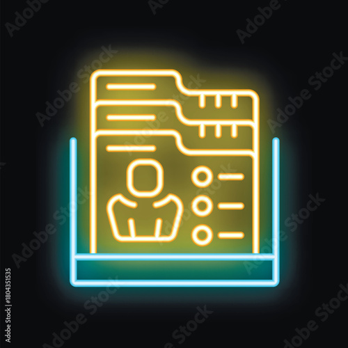 Glowing neon icon representing a curriculum vitae with candidate information, perfect for projects related to job search and recruitment