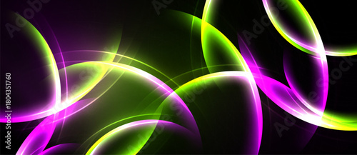 Abstract design features vibrant curves, glowing lines. Dark background emphasizes bright purple, green, yellow hues. Modern, dynamic composition.