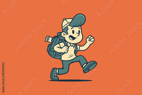 Cartoon boy with backpack running happily.
