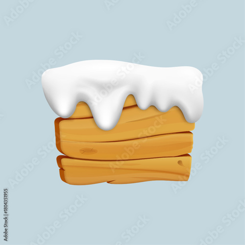 Vector cartoon 3d brown wooden rectangle plaque with snow cap. Realistic 3d wood texture empty signboard with snowdrifts border top on grey for game message sign, timber banner, menu, app, decor.