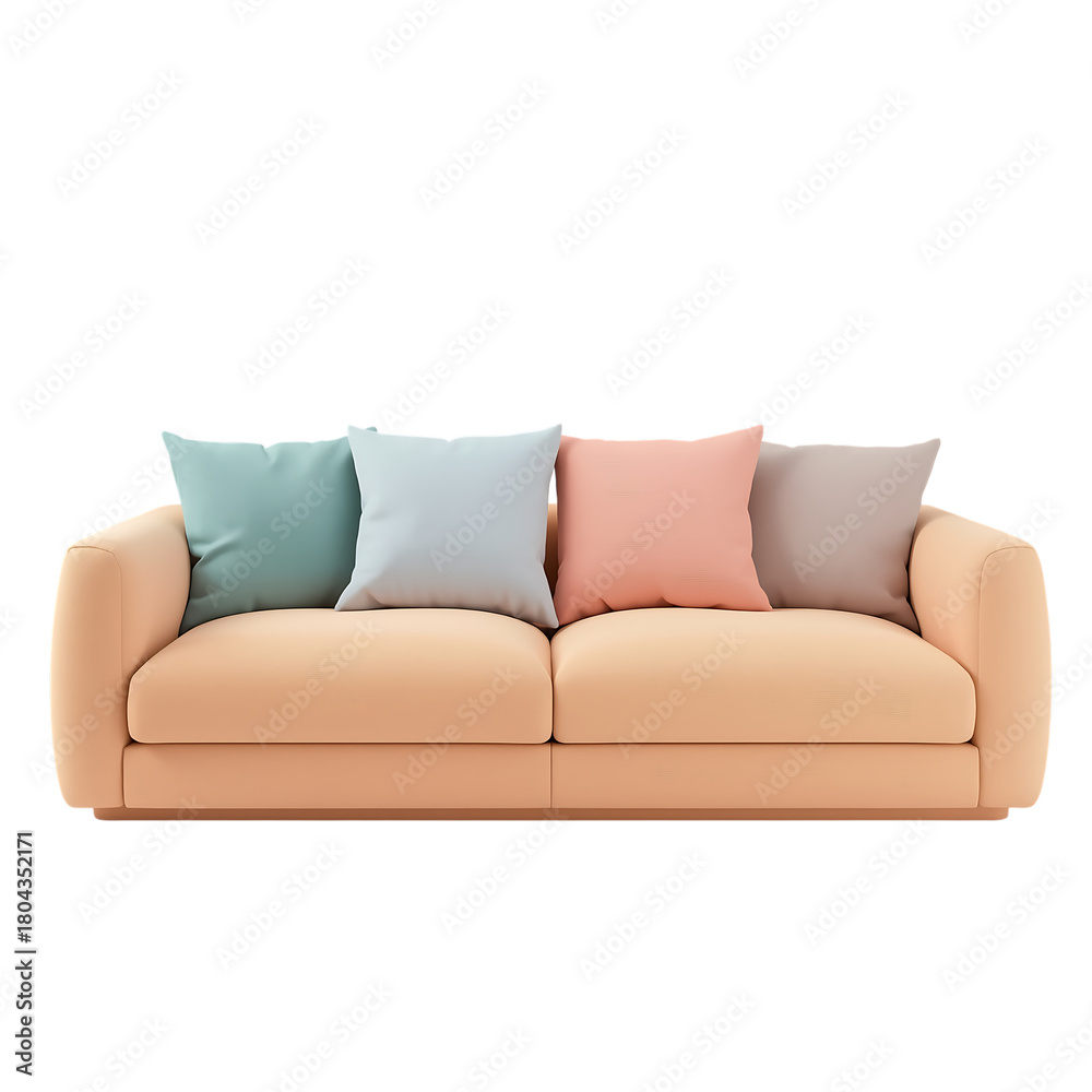 Fototapeta premium Comfortable peach sofa with four decorative pillows isolated on transparent background