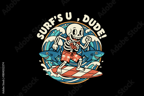 Skeleton Surfer Riding Wave with Sharks.