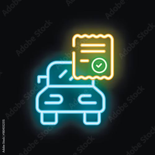 Neon glowing icon of a car passing technical inspection with a check mark on a document