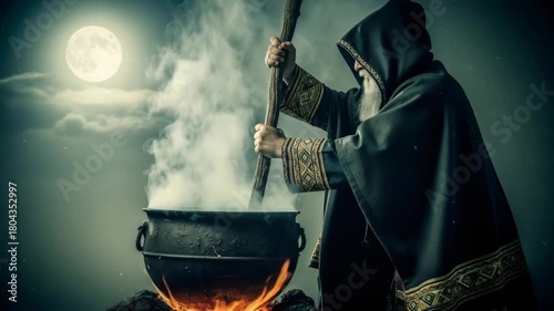 Man in wizard robe stirring smoking cauldron under full moon. Yule pagan holiday ritual for magic or potion making.