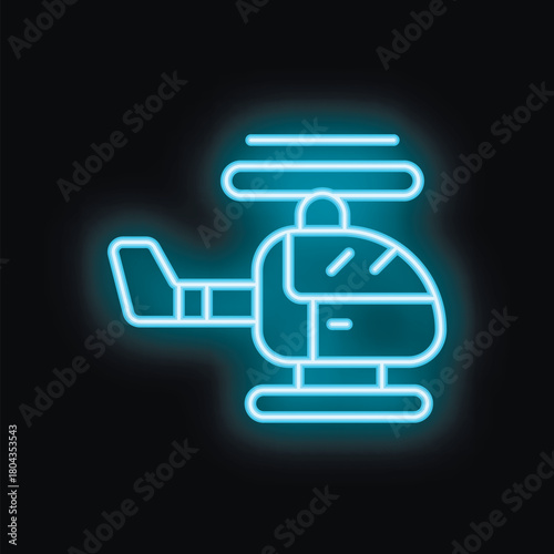 Blue neon sign of a helicopter flying with glowing rotor blades on a black background