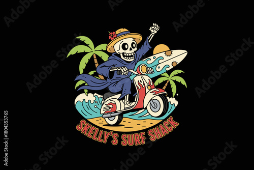 Skeleton Surfer Riding Scooter with Surfboard on Beach.