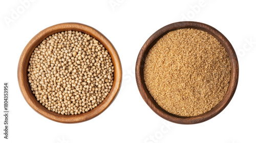 Whole bajra grains with bajra powder overhead side by side on transparent background
