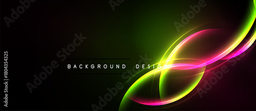 Abstract vibrant curves, flowing lines. Green, pink, yellow hues blend into dark background. Text reads background design. Modern digital art.
