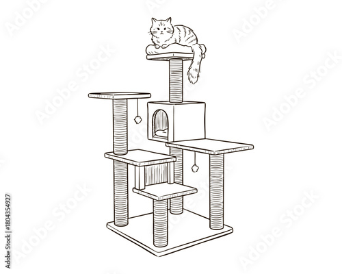 Cat Sitting on a Cat Tower in a Clean Minimal Look — Line Art Illustration