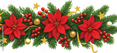 Holiday Garland with Poinsettias and Ornaments